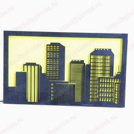 Светильник картина из дерева-ночной город